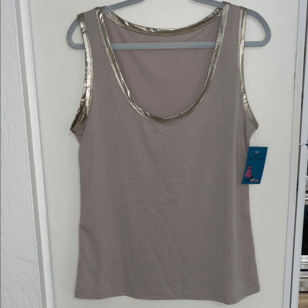 Elegant Tan Sleeveless Top with Metallic Trim